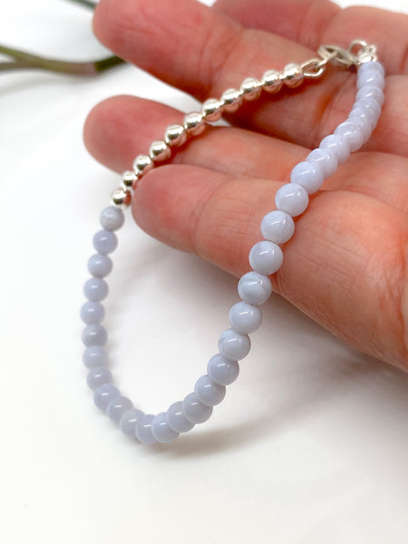 Blue Lace Agate and sterling silver handmade bracelet (4mm)