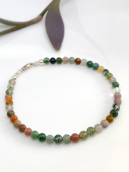 Indian Agate and sterling silver handmade bracelet (4mm)