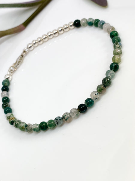 Green Moss Agate and sterling silver handmade bracelet (4mm)