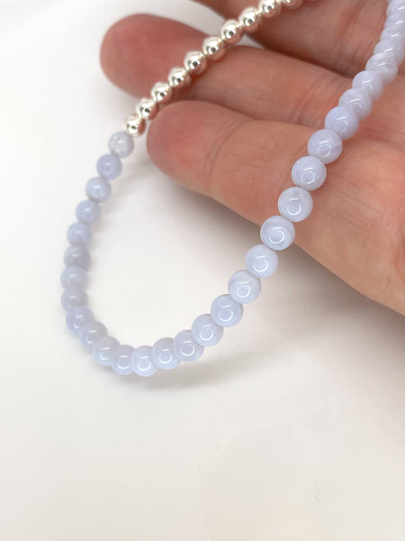 Blue Lace Agate and sterling silver handmade bracelet (4mm)