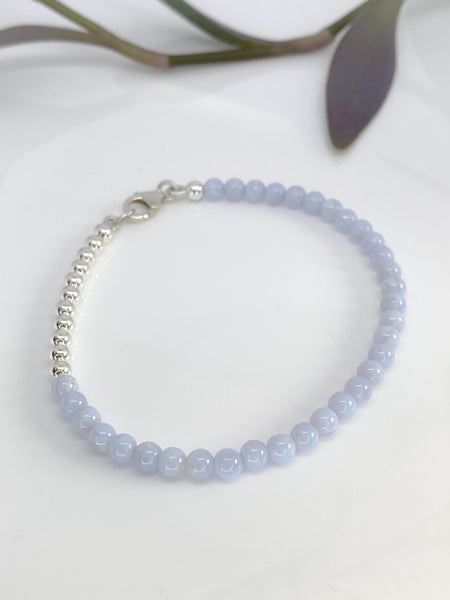 Blue Lace Agate and sterling silver handmade bracelet (4mm)