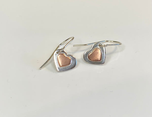 Double heart earrings - copper on silver
