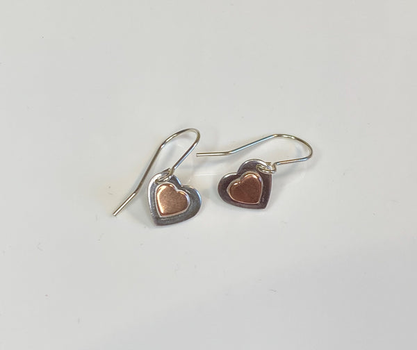 Double heart earrings - copper on silver