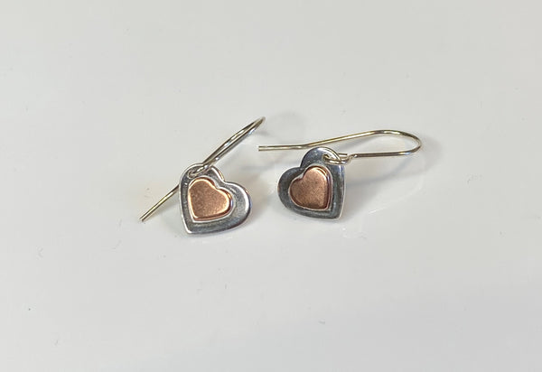 Double heart earrings - copper on silver