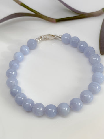 Blue Lace Agate and sterling silver handmade bracelet (8mm)