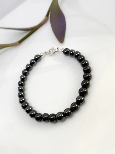 Hematite and sterling silver handmade bracelet (6mm)