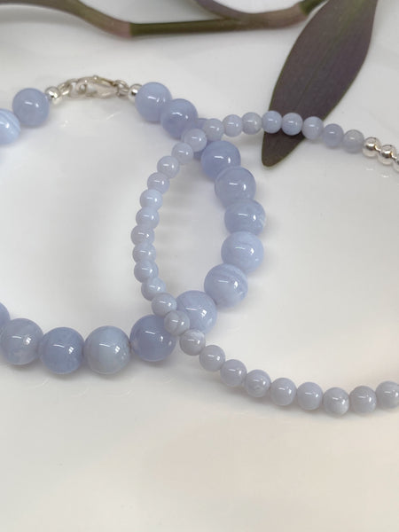 Blue Lace Agate and sterling silver handmade bracelet (8mm)