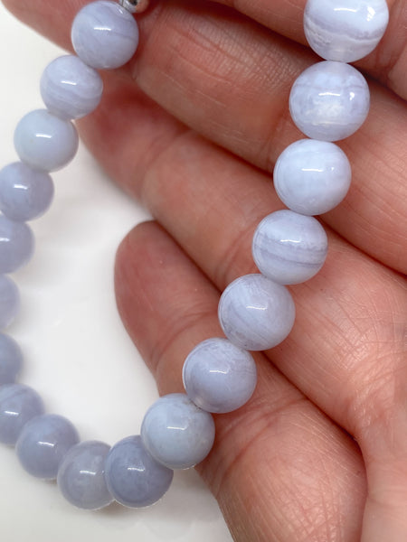 Blue Lace Agate and sterling silver handmade bracelet (8mm)