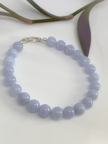 Blue Lace Agate and sterling silver handmade bracelet (8mm)