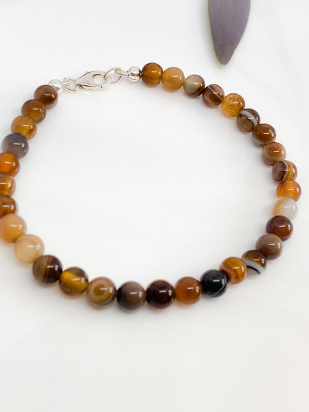 Coffee Lace Agate and sterling silver handmade bracelet (6mm)