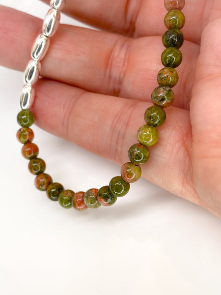 Unakite and sterling silver handmade bracelet (4mm)