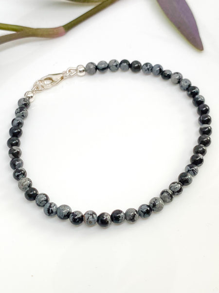 Snowflake Obsidian and sterling silver handmade bracelet (4mm)