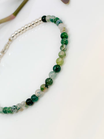 Green Moss Agate and sterling silver handmade bracelet (4mm)