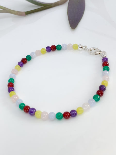 Rainbow mixed gemstone and sterling silver handmade bracelet (4mm)