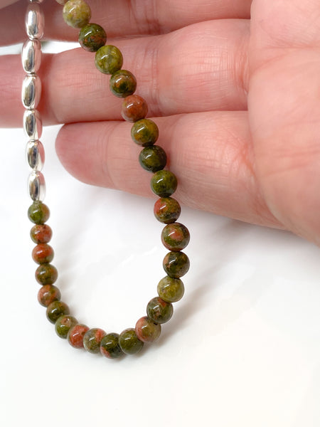 Unakite and sterling silver handmade bracelet (4mm)