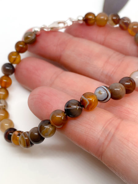 Coffee Lace Agate and sterling silver handmade bracelet (6mm)