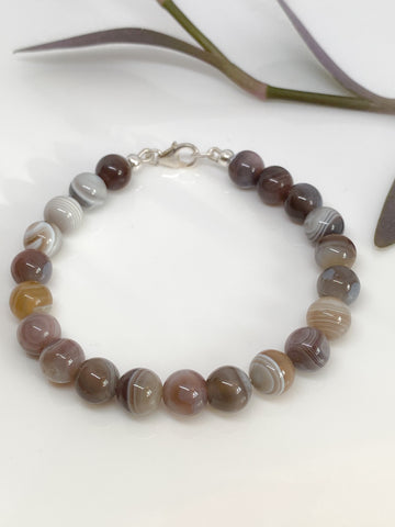 Botswana Agate and sterling silver handmade bracelet (8mm)