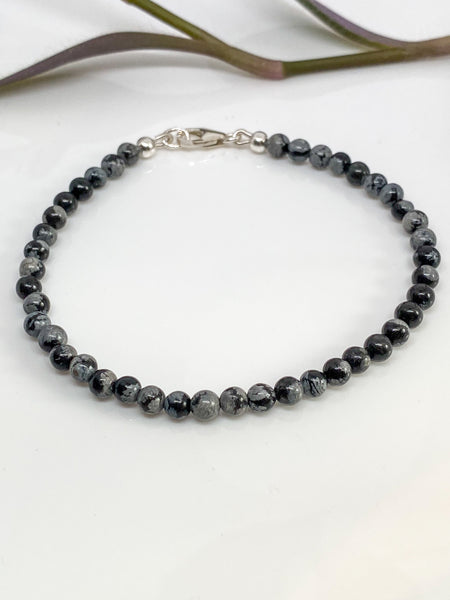 Snowflake Obsidian and sterling silver handmade bracelet (4mm)