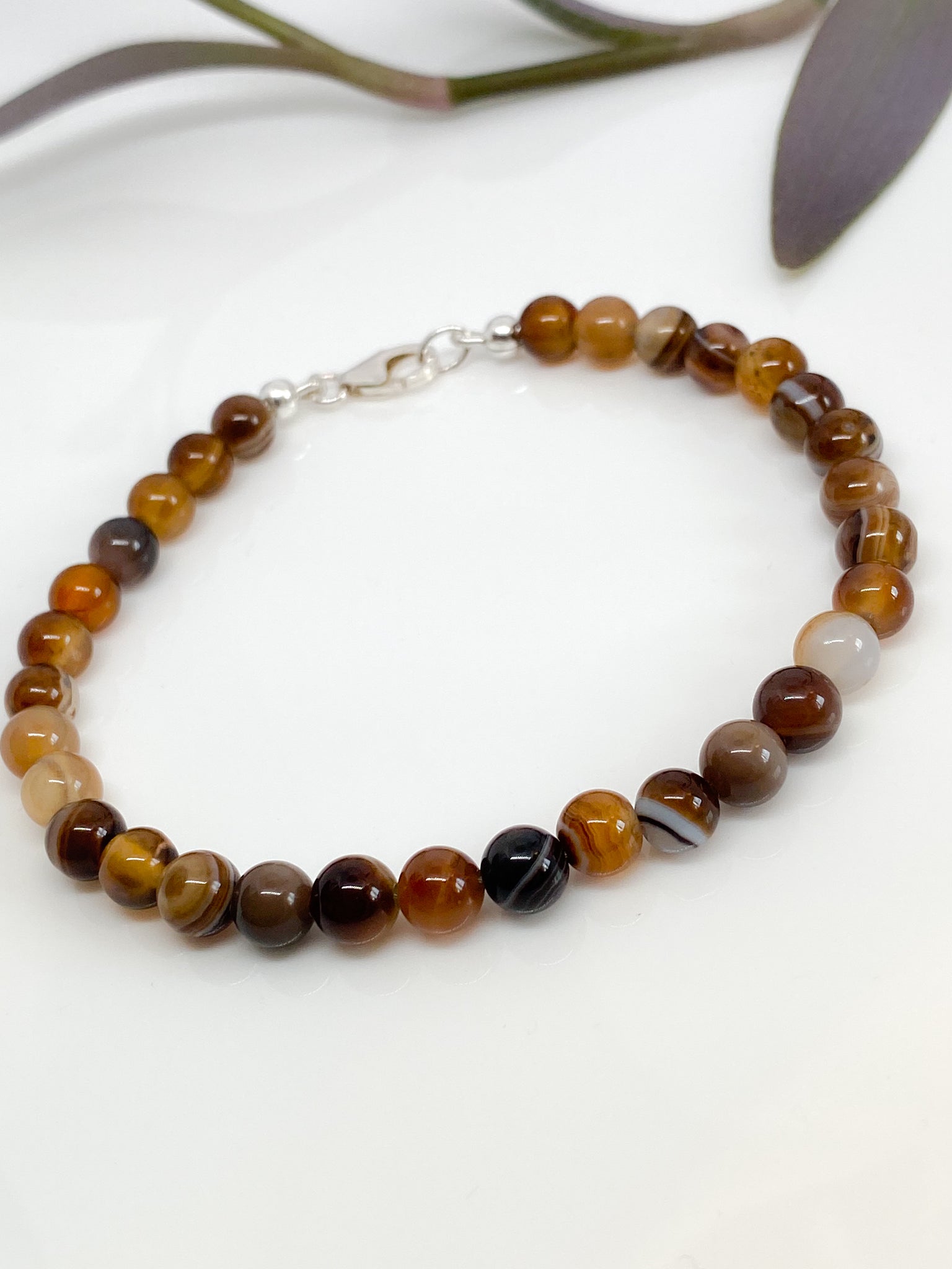 Coffee Lace Agate and sterling silver handmade bracelet (6mm)