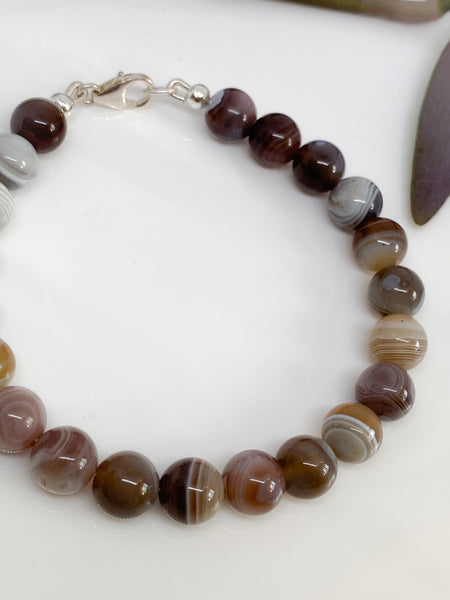 Botswana Agate and sterling silver handmade bracelet (8mm)