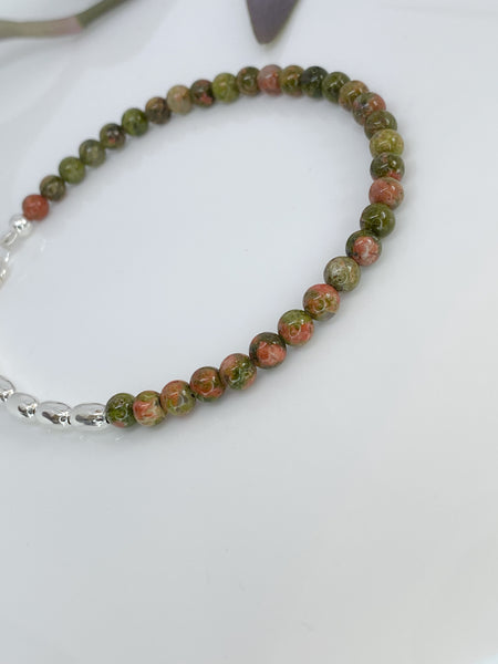 Unakite and sterling silver handmade bracelet (4mm)