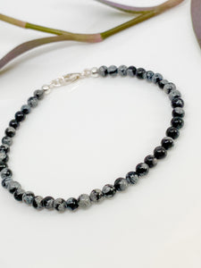 Snowflake Obsidian and sterling silver handmade bracelet (4mm)