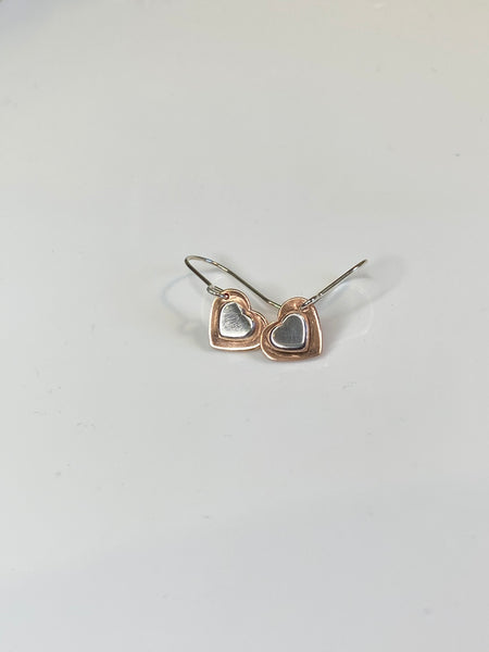 Double heart earrings - silver on copper