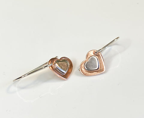 Double heart earrings - silver on copper